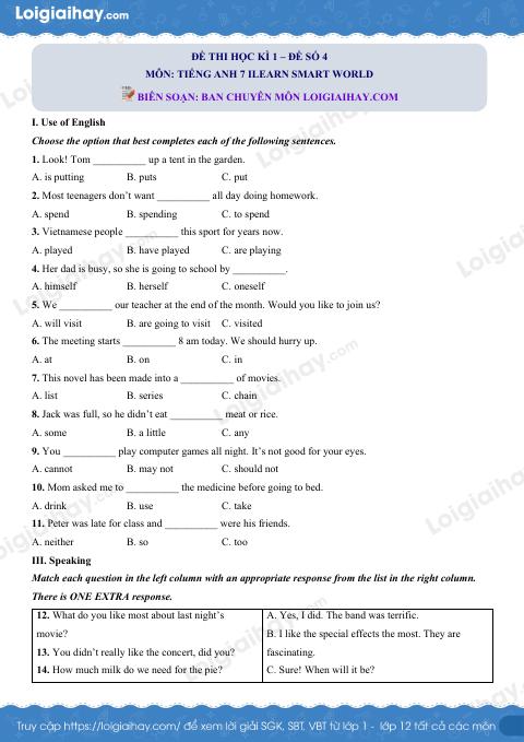 Đề thi học kì 1 Tiếng Anh 7 iLearn Smart Wolrd - Đề số 4